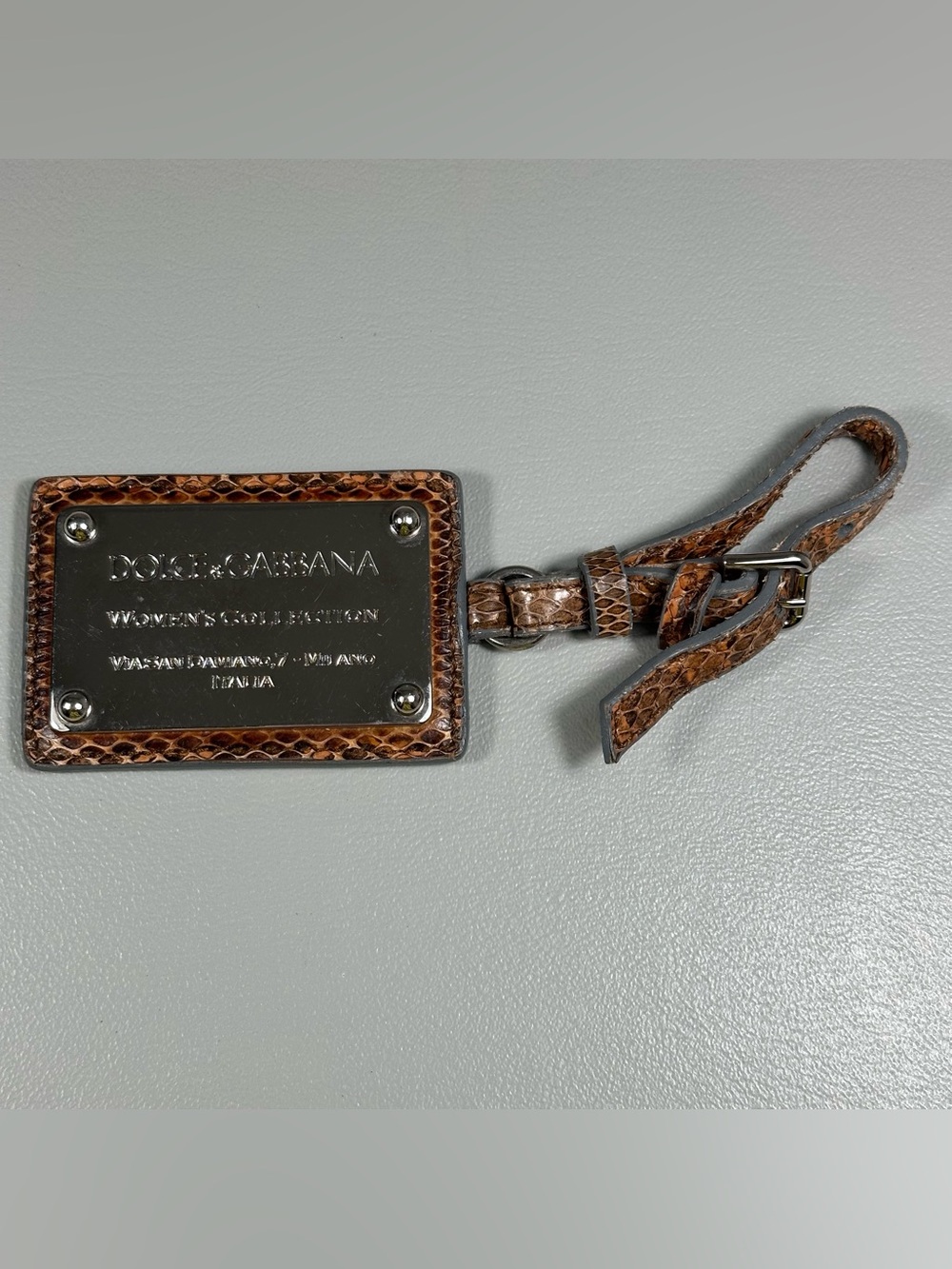 Dolce Gabbana Chrome Logo Plate Python Leather Luggage Tag Brown